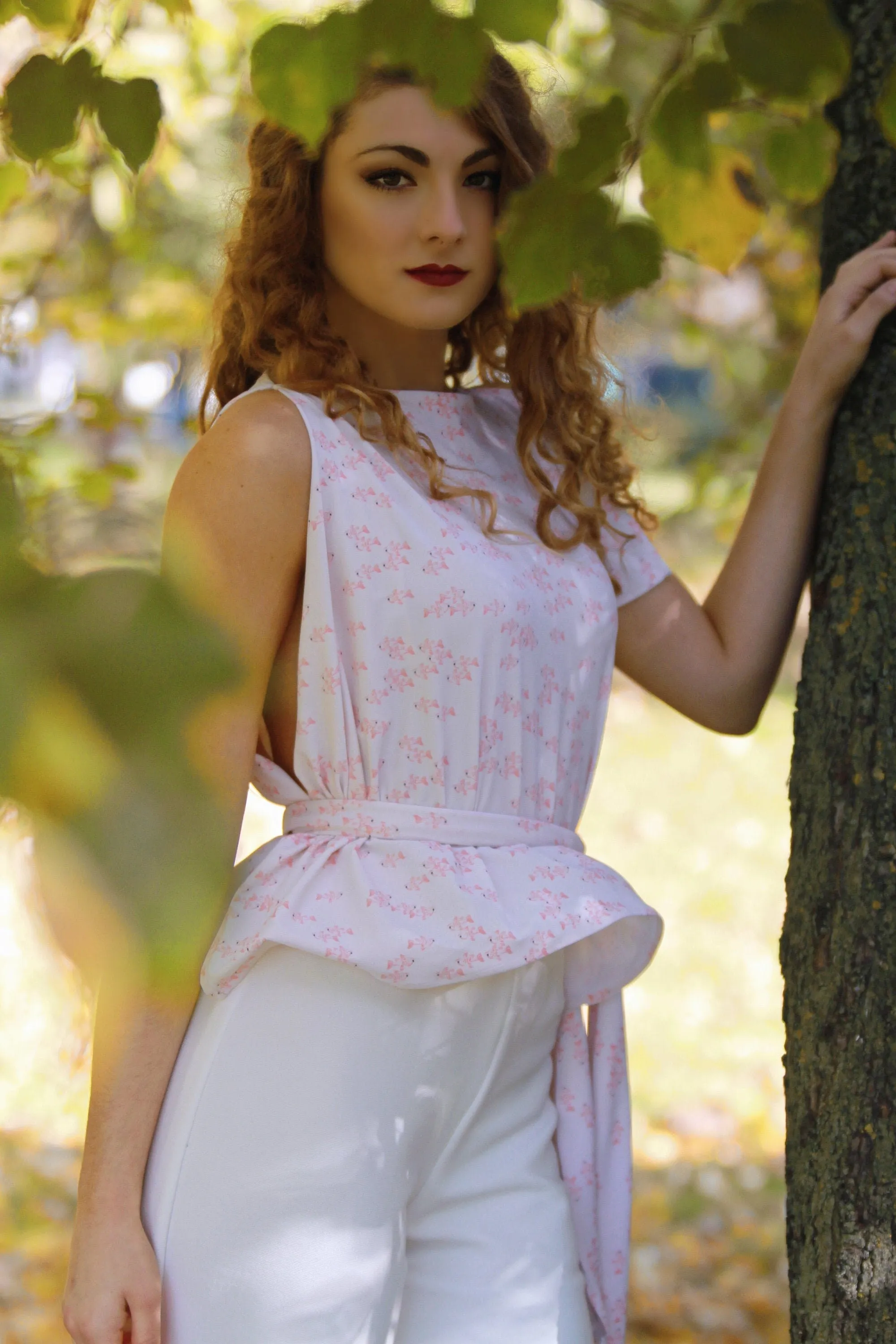 White Pink Fish Print Belted Tunic