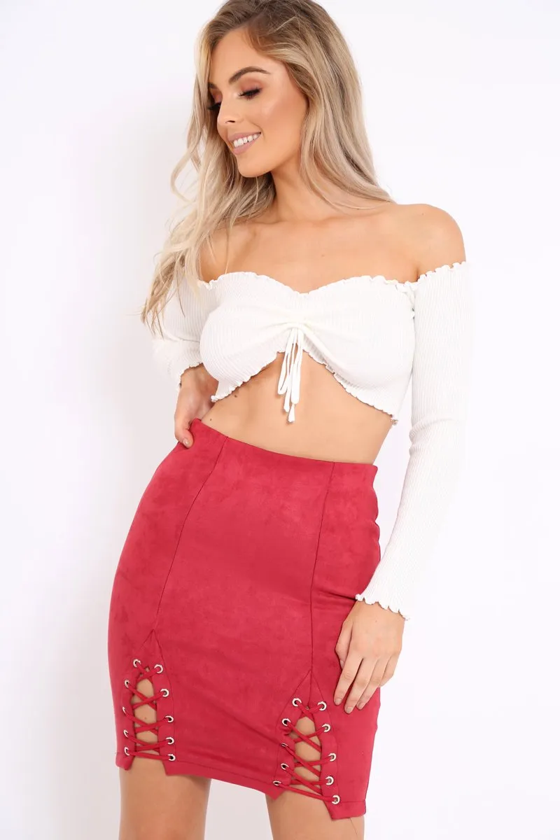 Wine Lace Up Suedette Skirt - Jenna