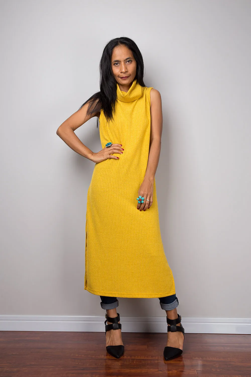 Yellow dress, Mid length turtleneck dress, Split dress, Sleeveless dress, knitted yellow dress